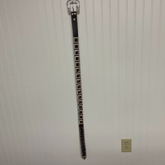 BHW Western Amber Bling Cowgirl Belt Gen Leather Sz L 36-38 Brown Silver Rodeo - Picture 12 of 16